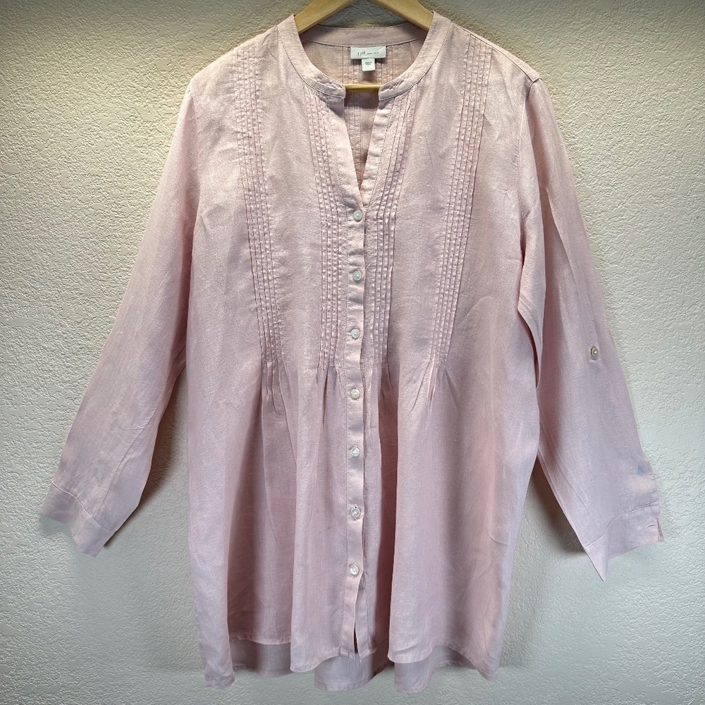 J Jill Love Linen Pintucked  Linen Tunic Top Coastal Minimalist Lagenlook Beach